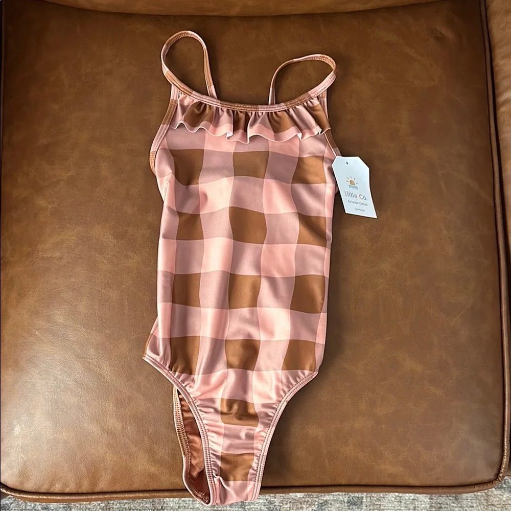 Little Co. swim - size 6 Pink and Brown Check Kids Swimsuit